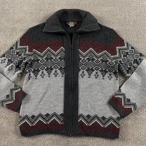 Vintage Sears Fair Isle Sweater Men's Large Knit Acrylic Full Zip Nordic Gray